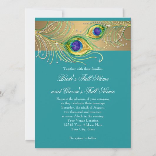 Modern Peacock Feathers Faux Jewel Scroll Swirl Kaart (Voorkant)