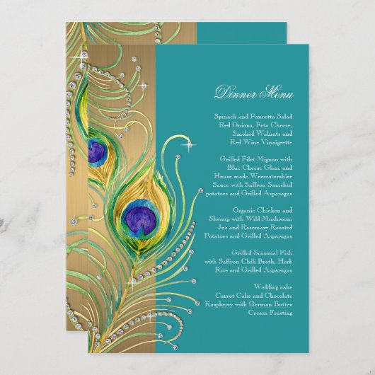 Modern Peacock Feathers Faux Jewel Scroll Swirl Menu (Voorkant / Achterkant)