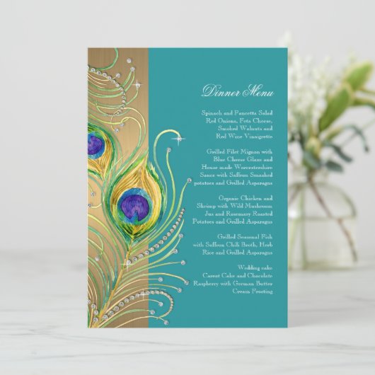Modern Peacock Feathers Faux Jewel Scroll Swirl Menu (Staand voorkant)