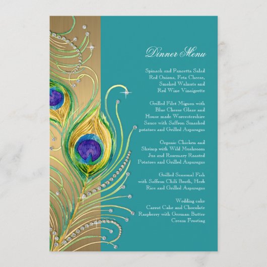 Modern Peacock Feathers Faux Jewel Scroll Swirl Menu (Voorkant)