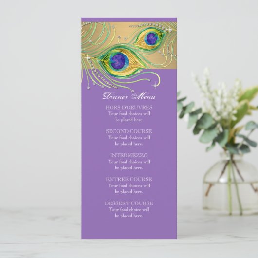 Modern Peacock Feathers Faux Jewel Scroll Swirl Menu (Staand voorkant)