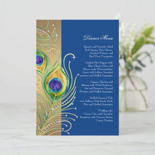 Modern Peacock Feathers Faux Jewel Scroll Swirl Menu (Staand voorkant)