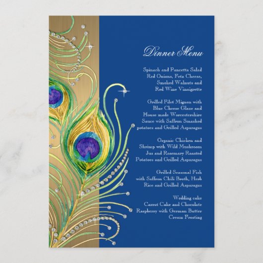 Modern Peacock Feathers Faux Jewel Scroll Swirl Menu (Voorkant)