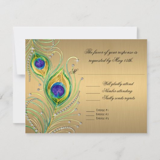 Modern Peacock Feathers Faux Jewel Scroll Swirl RSVP Kaartje (Achterkant)