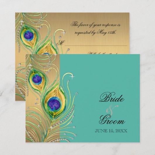 Modern Peacock Feathers Faux Jewel Scroll Swirl RSVP Kaartje (Voorkant / Achterkant)