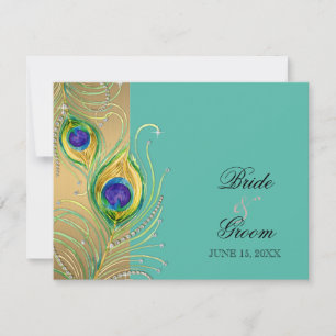 Modern Peacock Feathers Faux Jewel Scroll Swirl RSVP Kaartje