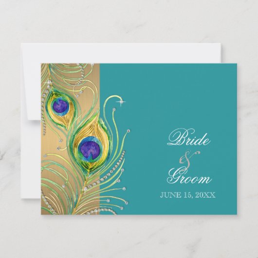 Modern Peacock Feathers Faux Jewel Scroll Swirl RSVP Kaartje (Voorkant)