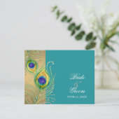Modern Peacock Feathers Faux Jewel Scroll Swirl RSVP Kaartje (Staand voorkant)