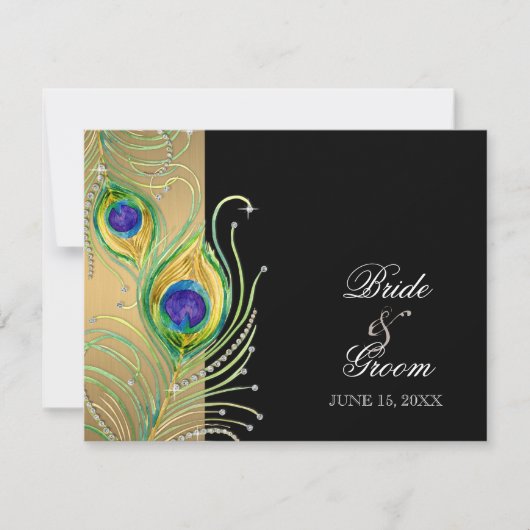 Modern Peacock Feathers Faux Jewel Scroll Swirl RSVP Kaartje (Voorkant)