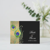 Modern Peacock Feathers Faux Jewel Scroll Swirl RSVP Kaartje (Staand voorkant)