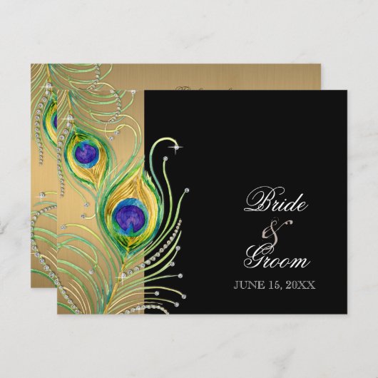 Modern Peacock Feathers Faux Jewel Scroll Swirl RSVP Kaartje (Voorkant / Achterkant)