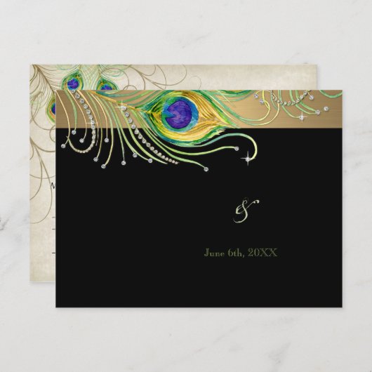 Modern Peacock Feathers Faux Jewel Scroll Swirl Uitnodiging Briefkaart (Voorkant / Achterkant)