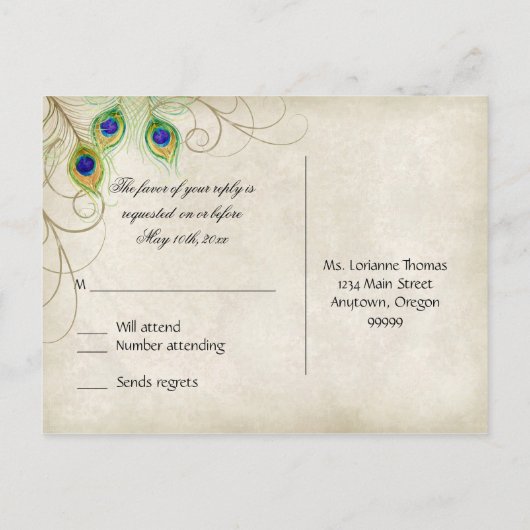 Modern Peacock Feathers Faux Jewel Scroll Swirl Uitnodiging Briefkaart (Achterkant)