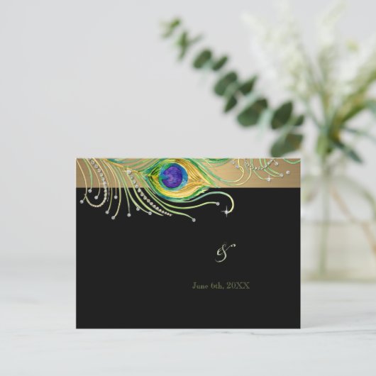 Modern Peacock Feathers Faux Jewel Scroll Swirl Uitnodiging Briefkaart (Staand voorkant)