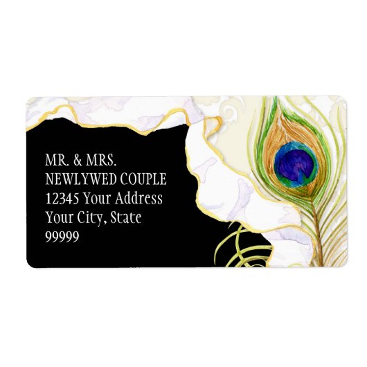 Modern Peacock Feathers Faux Ribbon Damask Swirl Etiket (Voorkant)