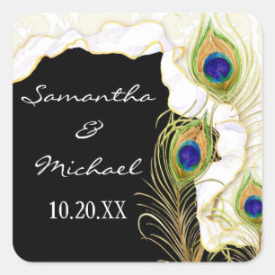 Modern Peacock Feathers Faux Ribbon Damask Swirl Vierkante Sticker