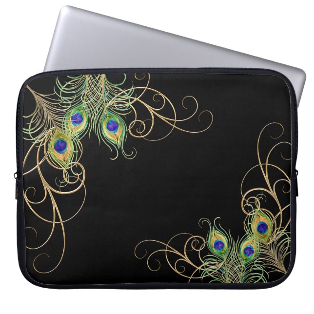 Modern Peacock Feathers Gold Swirl Name Laptop Sleeve (Voorkant)