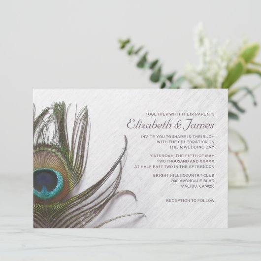 Modern Peacock Feathers Wedding Invitations Kaart (Staand voorkant)