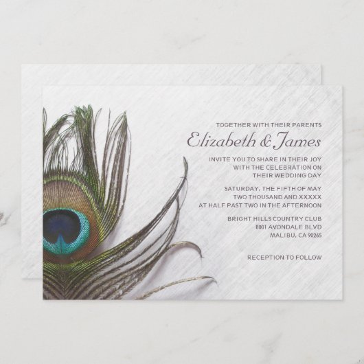 Modern Peacock Feathers Wedding Invitations Kaart (Voorkant / Achterkant)