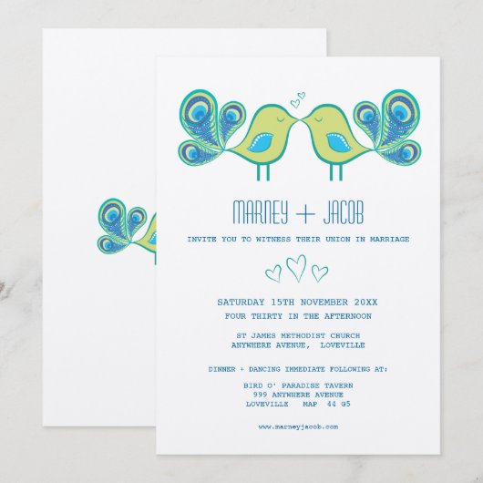 Modern Peacock Tortelduifjes Weddenschap Monogram Kaart (Voorkant / Achterkant)
