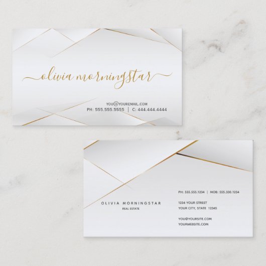 Modern Pearl White en Gold Geometric Visitekaartje (Voorkant / Achterkant)