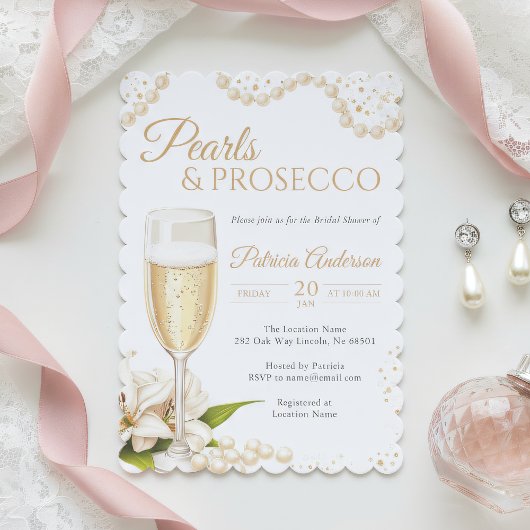 Modern Pearls & Prosecco Bridal Shower Invitation Kaart