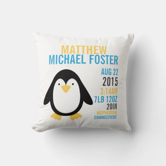 Modern Penguin Birth Announcement Nursery Pillow Kussen (Voorkant)