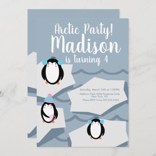 Modern Penguin Ice Winter Birthday Kaart (Voorkant / Achterkant)