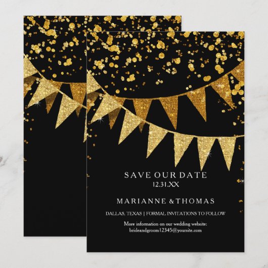 Modern Pennant Banner w Glitter Falling Confetti Save The Date (Voorkant / Achterkant)