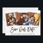 Modern Penseel Schrift 3 Foto Save Our Date Kaart<br><div class="desc">Modern Penseel Schrift Rustieke Houten Koppel 3 Foto Save Our Date Verlovingsaankondigingskaart</div>