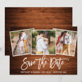 Modern Penseel Schrift Landelijk Hout 3 Foto Colla Save The Date (Voorkant / Achterkant)