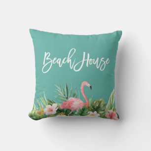 Modern Penseel Schrift Tropisch Bloemendek Strandh Buitenkussen