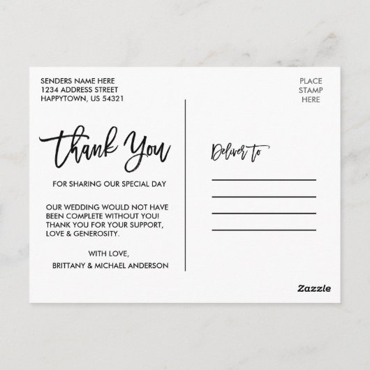 Modern penseellettertype | Trouwfoto Bedankt W Briefkaart (Achterkant)