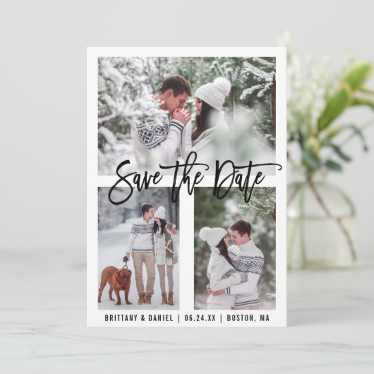 Modern penseelscript 3 Foto Opslaan Datum Kaart (Staand voorkant)