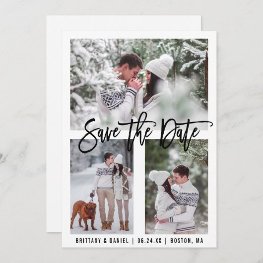 Modern penseelscript 3 Foto Opslaan Datum Kaart (Voorkant / Achterkant)