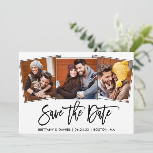 Modern penseelscript 3 Fotocollage Save The Date (Staand voorkant)