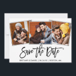 Modern penseelscript 3 Fotocollage Save The Date<br><div class="desc">Moderne Steekproef 3 Foto sparen de Kaart van de Aankondiging van het Verloving van de Datum</div>
