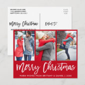 Modern penseelscript 3 Fotopaar kerstrood Briefkaart (Voorkant / Achterkant)