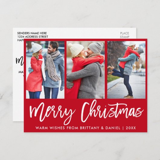 Modern penseelscript 3 Fotopaar kerstrood Briefkaart (Voorkant / Achterkant)
