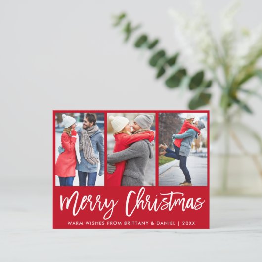 Modern penseelscript 3 Fotopaar kerstrood Briefkaart (Staand voorkant)