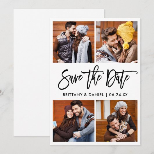 Modern penseelscript 4 Fotocollage Save The Date (Voorkant / Achterkant)