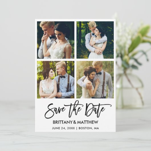 Modern penseelscript 4 Foto's Save The Date (Staand voorkant)