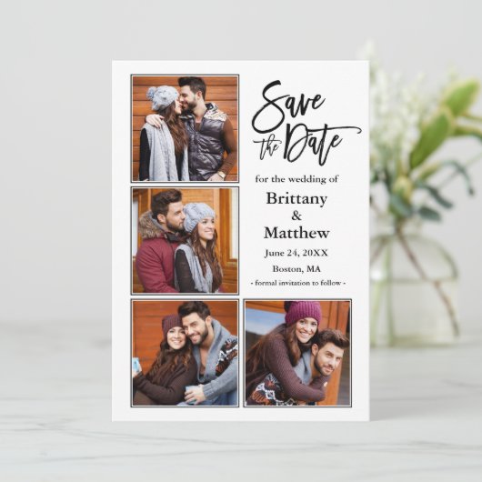 Modern penseelscript 4 Verloving Fotopaar Save The Date (Staand voorkant)