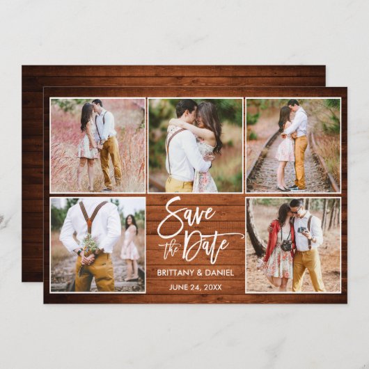 Modern penseelscript 5 Foto Rustic Wood Save The Date (Voorkant / Achterkant)