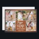 Modern penseelscript 5 Foto Rustic Wood Save The Date<br><div class="desc">Het moderne Manuscript van de Borstel 5 het Koesje van de Foto sparen de Kaart van de Aankondiging van het Verloving van het Hout van de Datum Rustic</div>