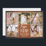 Modern penseelscript 5 Foto Rustic Wood Save The Date<br><div class="desc">Het moderne Manuscript van de Borstel 5 het Koesje van de Foto sparen de Kaart van de Aankondiging van het Verloving van het Hout van de Datum Rustic</div>
