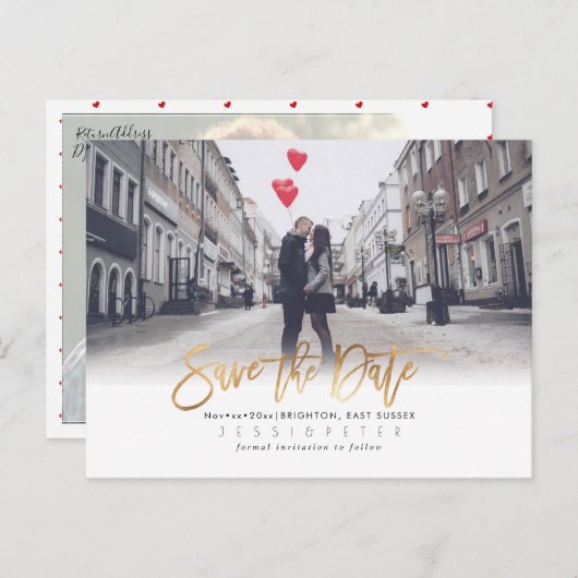 Modern penseelscript Bewaar de datum, Faux Gold Aankondigingskaart (Voorkant / Achterkant)