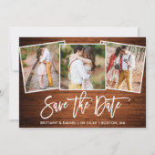 Modern penseelscript, bijtend hout, 3 fotobewerkin save the date (Voorkant)
