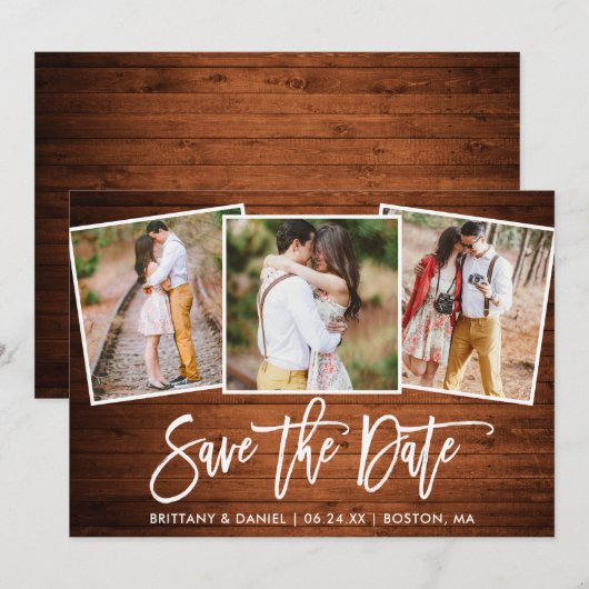Modern penseelscript, bijtend hout, 3 fotobewerkin save the date (Voorkant / Achterkant)