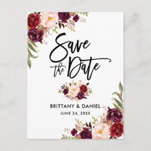 Modern penseelscript Bourgundy Floral Save the Dat Aankondigingskaart